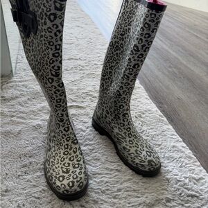 Aldo Black and Gray Leopard Print Rain Boots